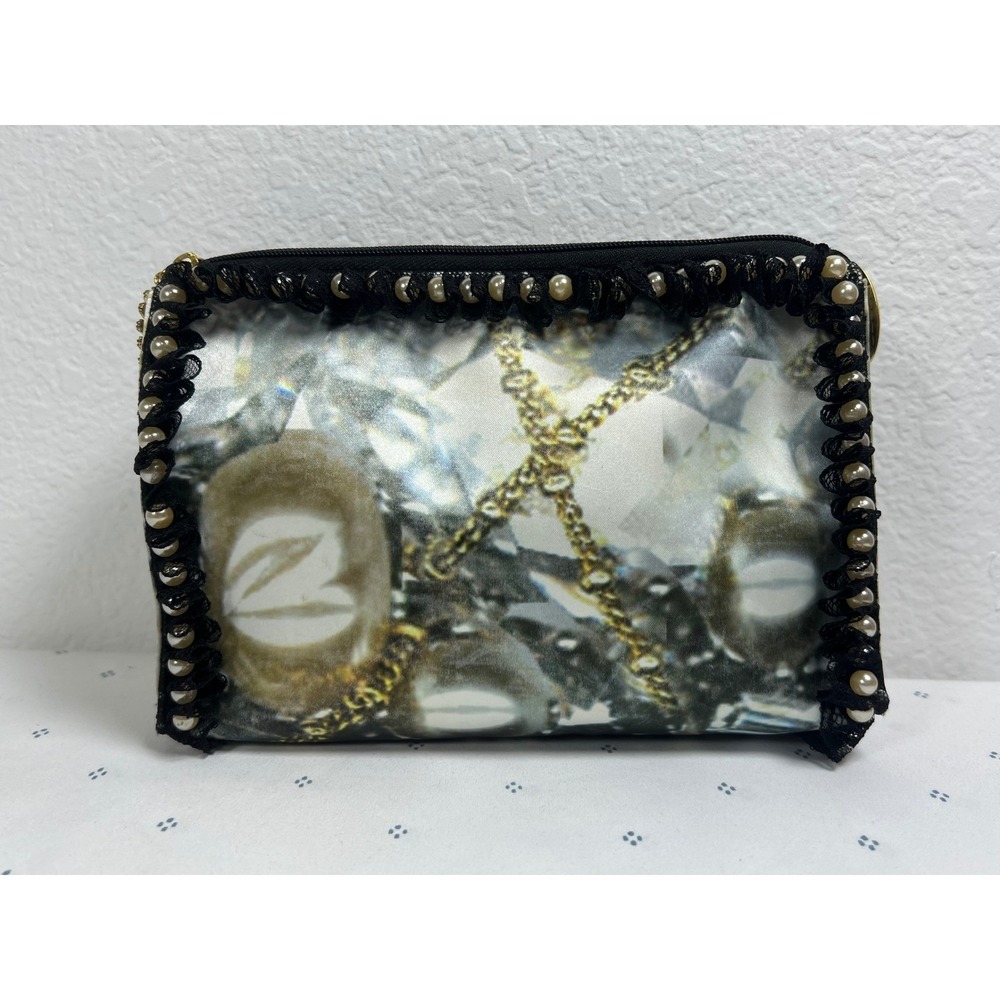 Erickson Beamon Embellished Pouch Clutch Bag Vintage Diamond Print Pearl Lace